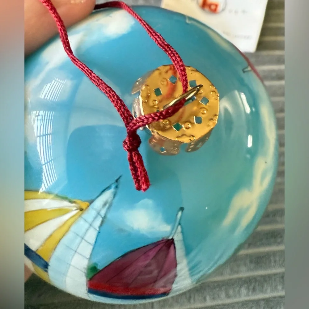 VTG Nautical Sailing Holiday Ornament with Gift Box Signed Inside Art Boat
